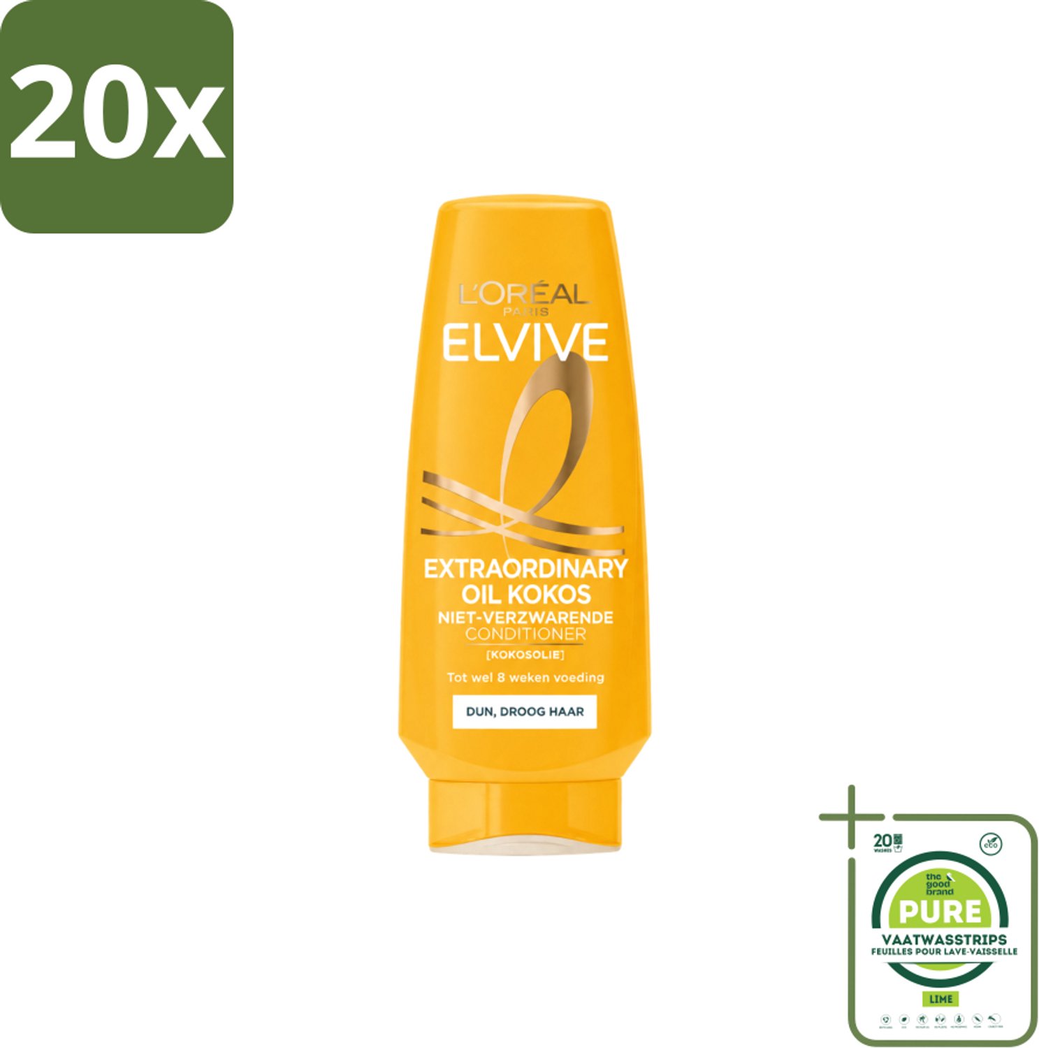 20 x L’Oréal Paris Elvive – Conditioner – Extraordinary Oil Kokos – 200 ml - Grootverpakking - Vaatwasstrips - Kokosolie Conditioner - Droog Haar - Haar Verzorging - Haar Voeding - Haar Zachtheid