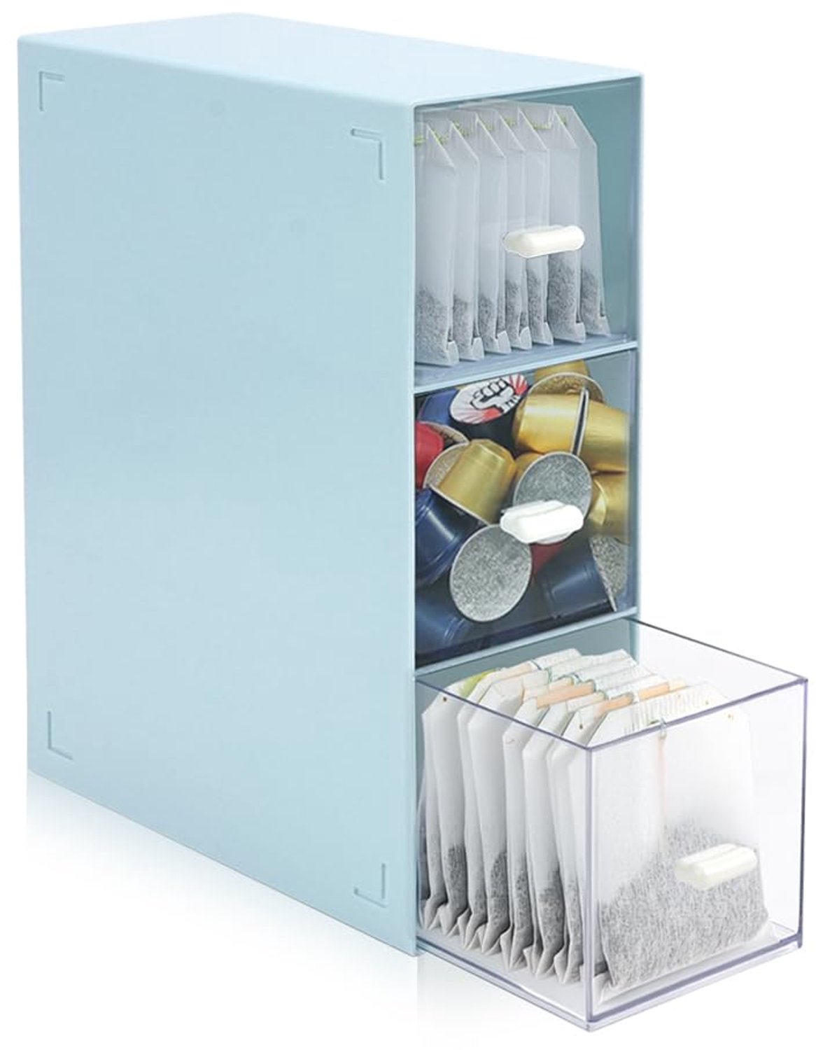 Theedoos 3-vaks kunststof - Opbergdoos - Organizer voor theezakjes - Koffiepads - Cosmetica - Afmetingen 20 x 16 x 8 cm
