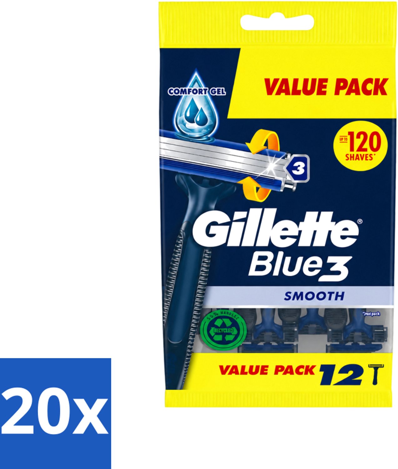 20 x Gillette - Blue 3 Smooth - Wegwerpscheermesjes - Comfortabele scheerbeurt - 12 Scheermesjes - Voordeelverpakking - 20 stuks