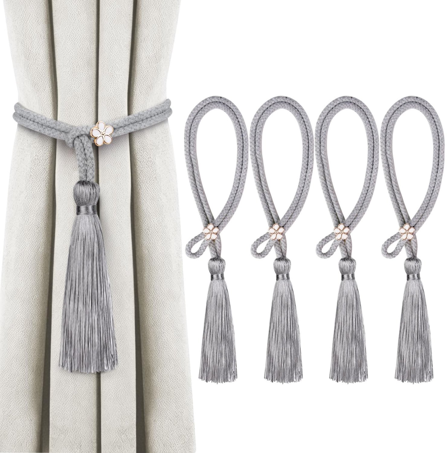 Set van 4 Decoratieve Gordijnhouders met Borstels, Grijs