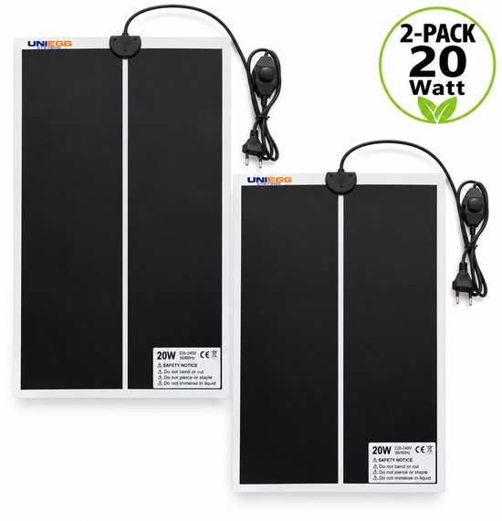 Twee zwarte UniEgg warmtematten van 20 Watt met stroomkabel en schakelaar, gepresenteerd als 2-pack.