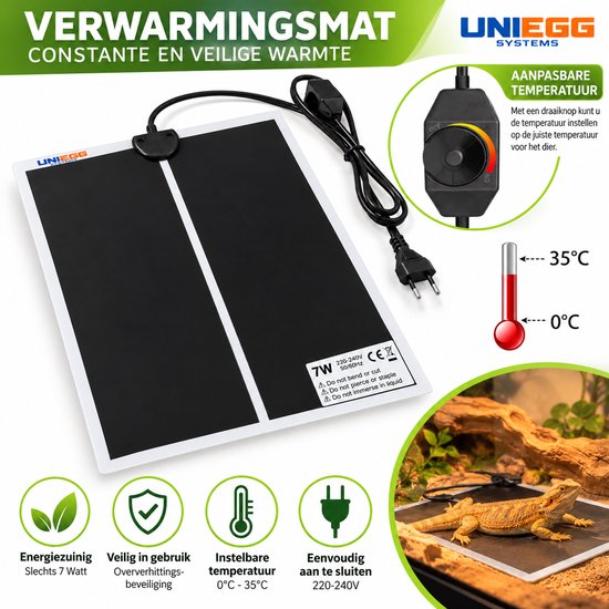 Warmtemat van 7W met draaiknop voor temperatuurinstelling (0-35°C), getoond met een baardagame.