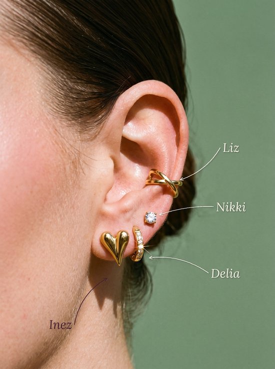 Oor met sieraden: Liz, Nikki, Delia en Inez. Delia is een gouden hoepeloorbeltje met zirkonia.