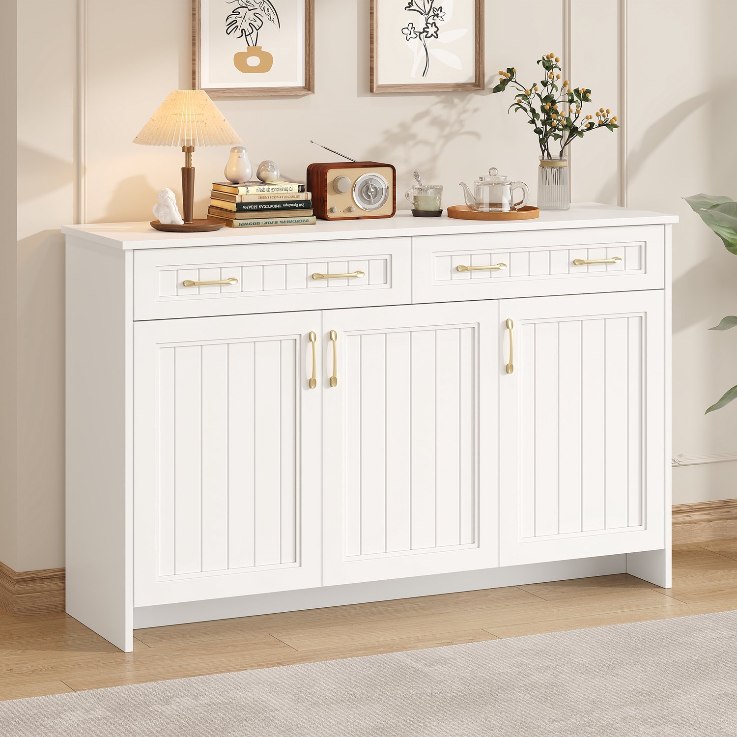 OKWISH Dressoir - 2 Lades en 3 Deuren - Verstelbare Planken - Voor Woonkamer en Eetkamer - MDF Wit - 140 x 40 x 90 cm