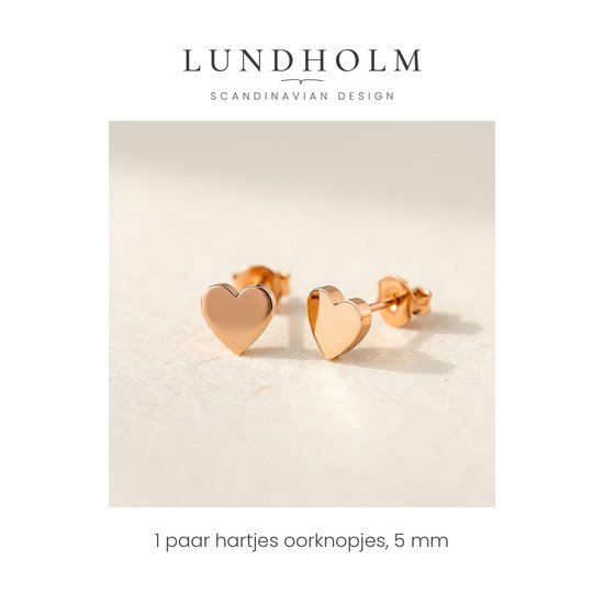 Lundholm rosegouden hartvormige oorknopjes 5 mm, met de tekst 1 paar hartjes oorknopjes, 5 mm.