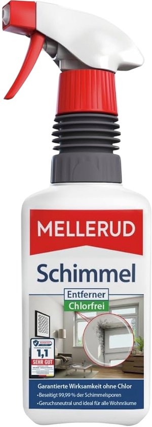 Witte Mellerud sprayflacon voor schimmelverwijdering, chloorvrij, met rode sproeikop en productinformatie.