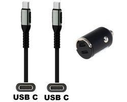 OneOne auto snellader met 2 poorten + 0,2m sterke USB C naar C kabel. 40W (2x 20W) lader. Autolader adapter past op Samsung Galaxy A34, A54, A24, A14, A05, F04, F34, F54, A15, A25, A35, F15, M14, M04, M34, M21, M30, M40, M54