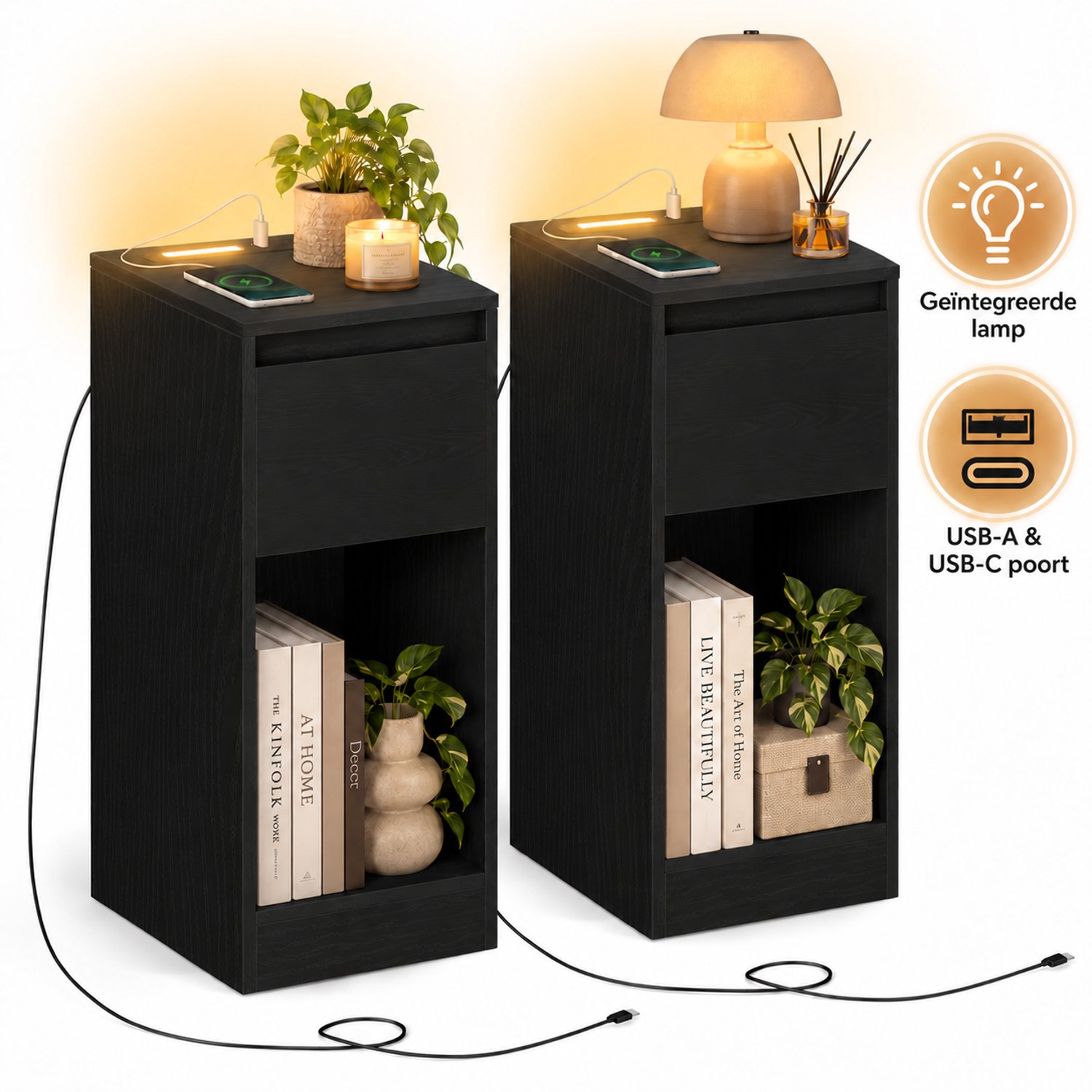 Signature Home Nachtkastjes Set van 2 – Smal Nachtkastje met LED – USB-A & USB-C – Lade & Open Vak – Zwart