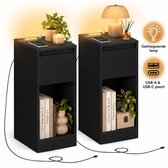 Signature Home Nachtkastjes Set van 2 – Smal Nachtkastje met LED – USB-A & USB-C – Lade & Open Vak – Zwart