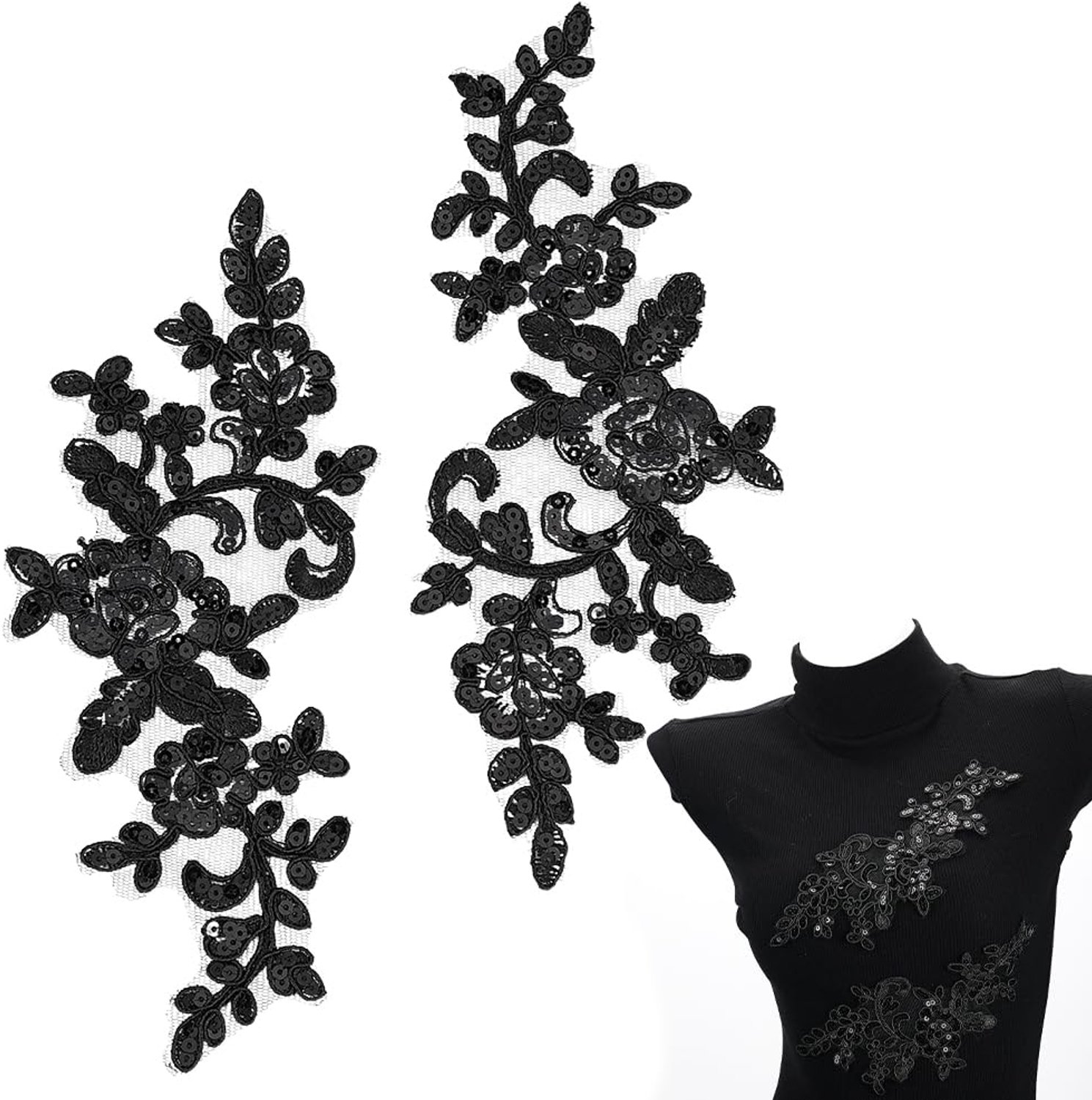 Appliques 4 Stuks - Borduurwerk Pailletten - Zwarte Bladbloemen - Decoratieve Bloemen - Polyester - 24x10x0,15 cm - Patches
