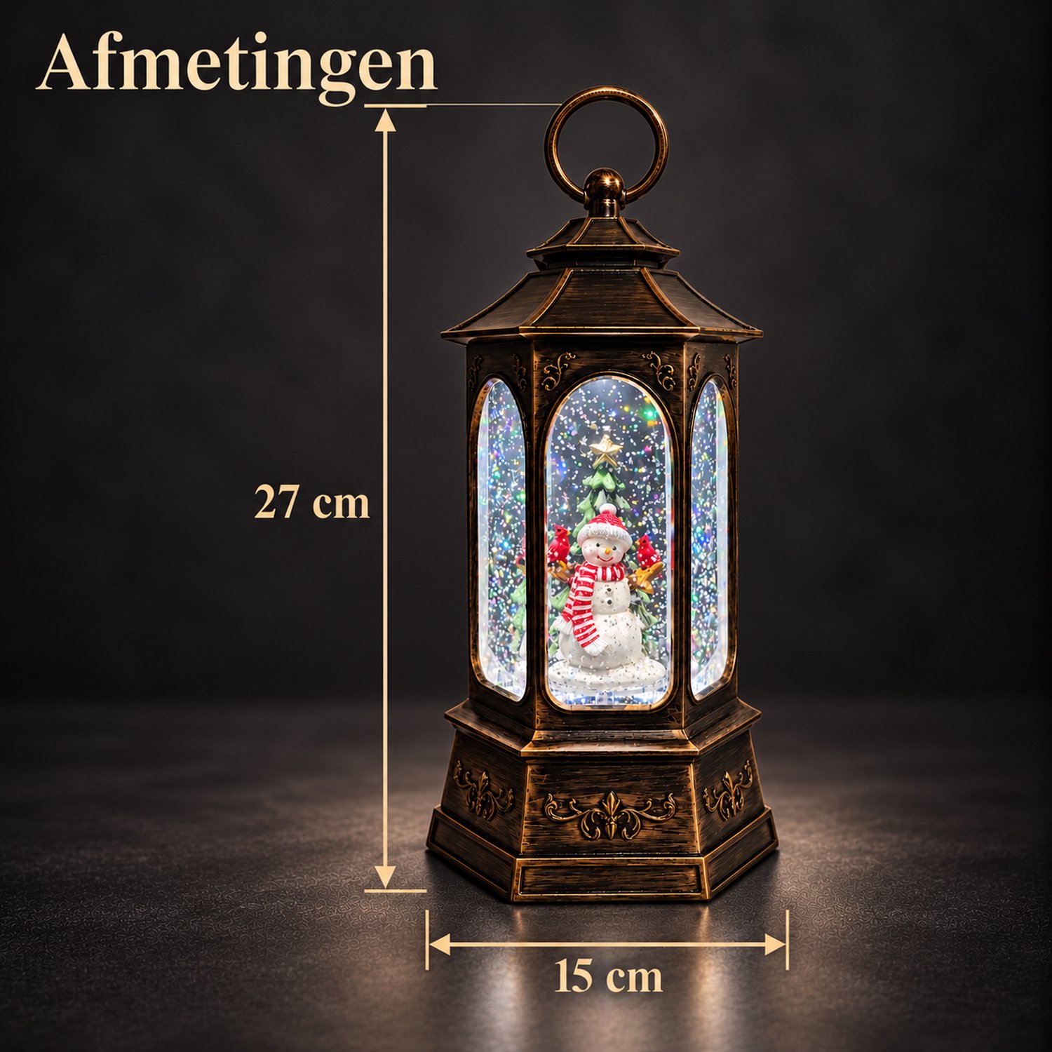 EasyMart Kerstlantaarn - Sneeuwbol met Muziek en LED Verlichting - Waterlantaarn met Bewegende Glitter - 27 cm - Sneeuwpop - Kerstdecoratie Binnen - Sneeuweffect - Zeshoekig - USB Kabel Inbegrepen - Op 3 AA Batterijen - Bronskleurig – foto 2