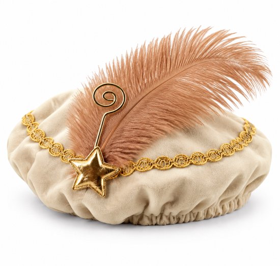 Champagnekleurige fluwelen pietenmuts met goudkleurige ster, spiraal en lichtbruine veer.