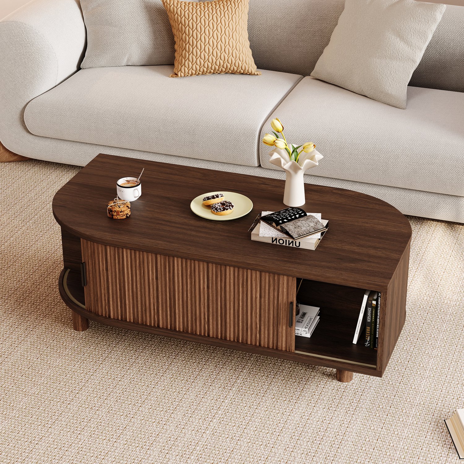 HAUSS SPOLE Salontafel - Met 2 Schuifdeuren En Opbergruimte - Voor Woonkamer - MDF En Spaanplaat - Walnootkleur - 100x50x35 Cm