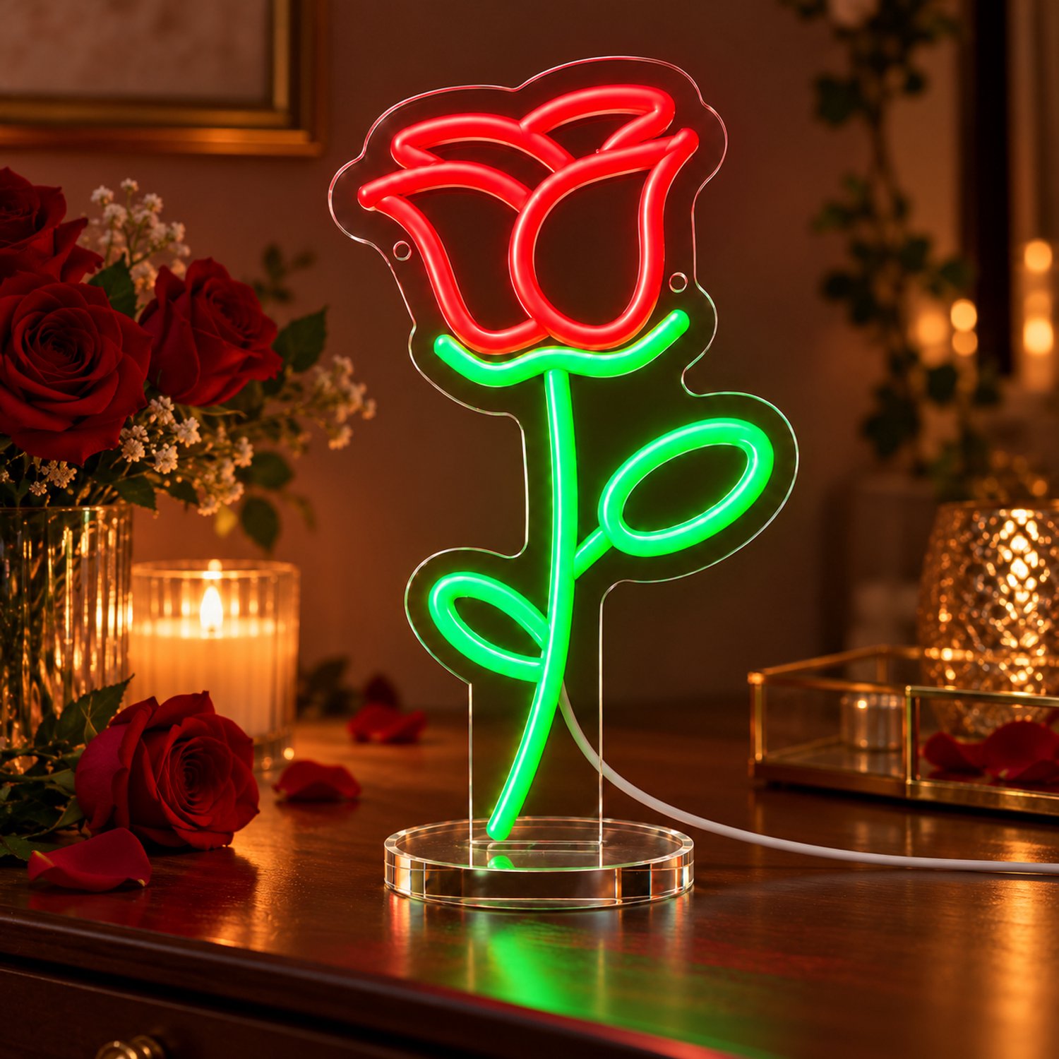 Neon Lamp - Roosje - Staand - Dimbaar - Tafellamp - Neon Sign - LED Lamp - Verlichting - Wandlamp