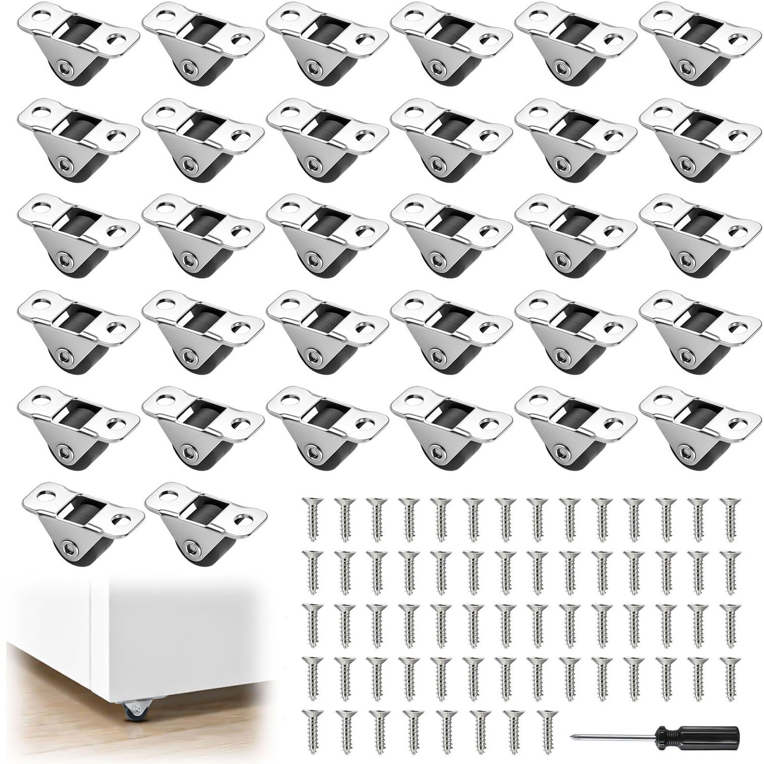 32 Mini Meubelwielen met 64 Schroeven - Stille Wieltjes voor Kasten