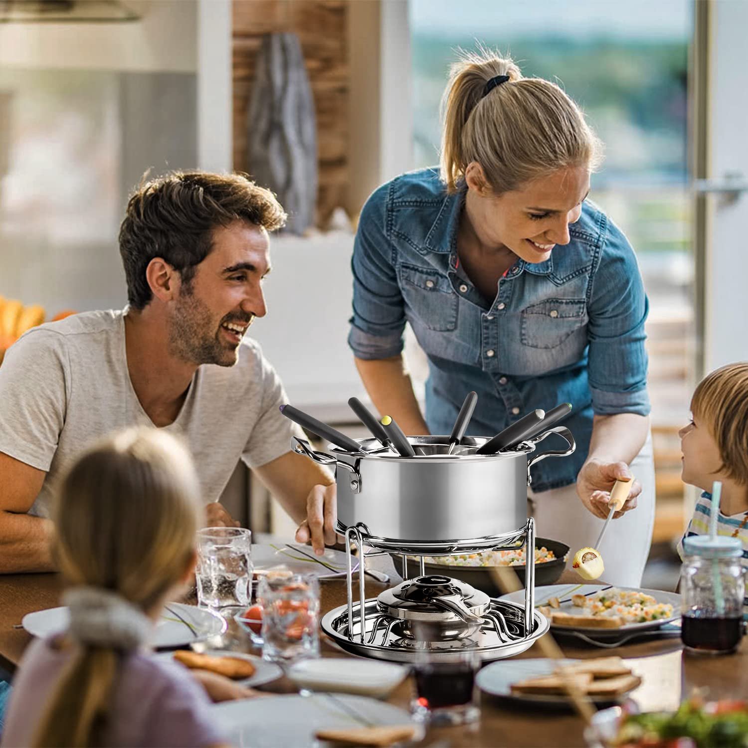 Kaasfondueset voor 6 Personen – RVS Fonduepan – Inclusief Brander, Spatbescherming en 6 Vorken – Zilver – foto 2