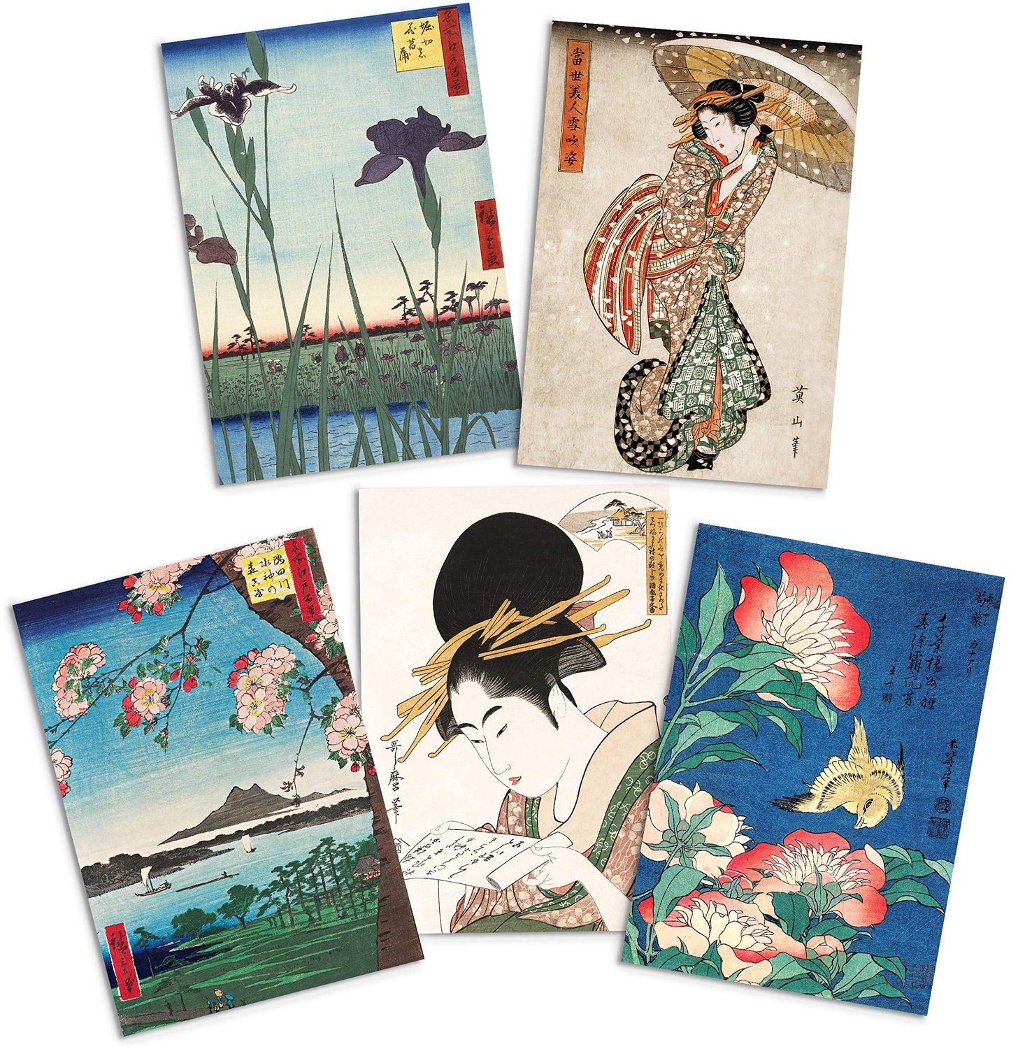 Set van 5 Japanse Ukiyo-e Wenskaarten met Enveloppen