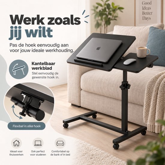 Zwarte laptoptafel met kantelbaar werkblad, ideaal voor op de bank of in bed.
