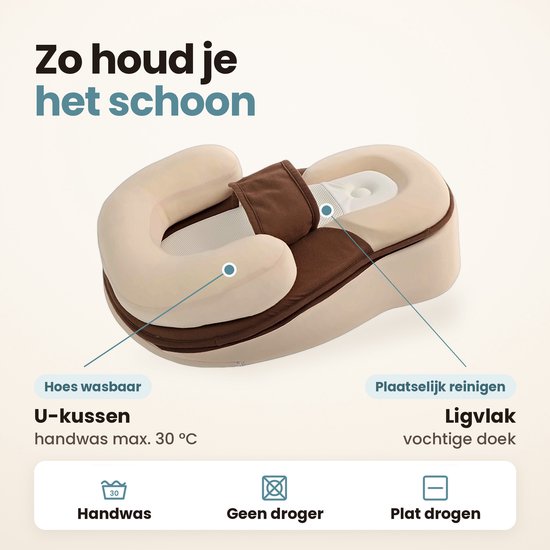 Reinigingsinstructies: U-kussen is handwas (max 30 graden), ligvlak met vochtige doek. Niet in de droger.