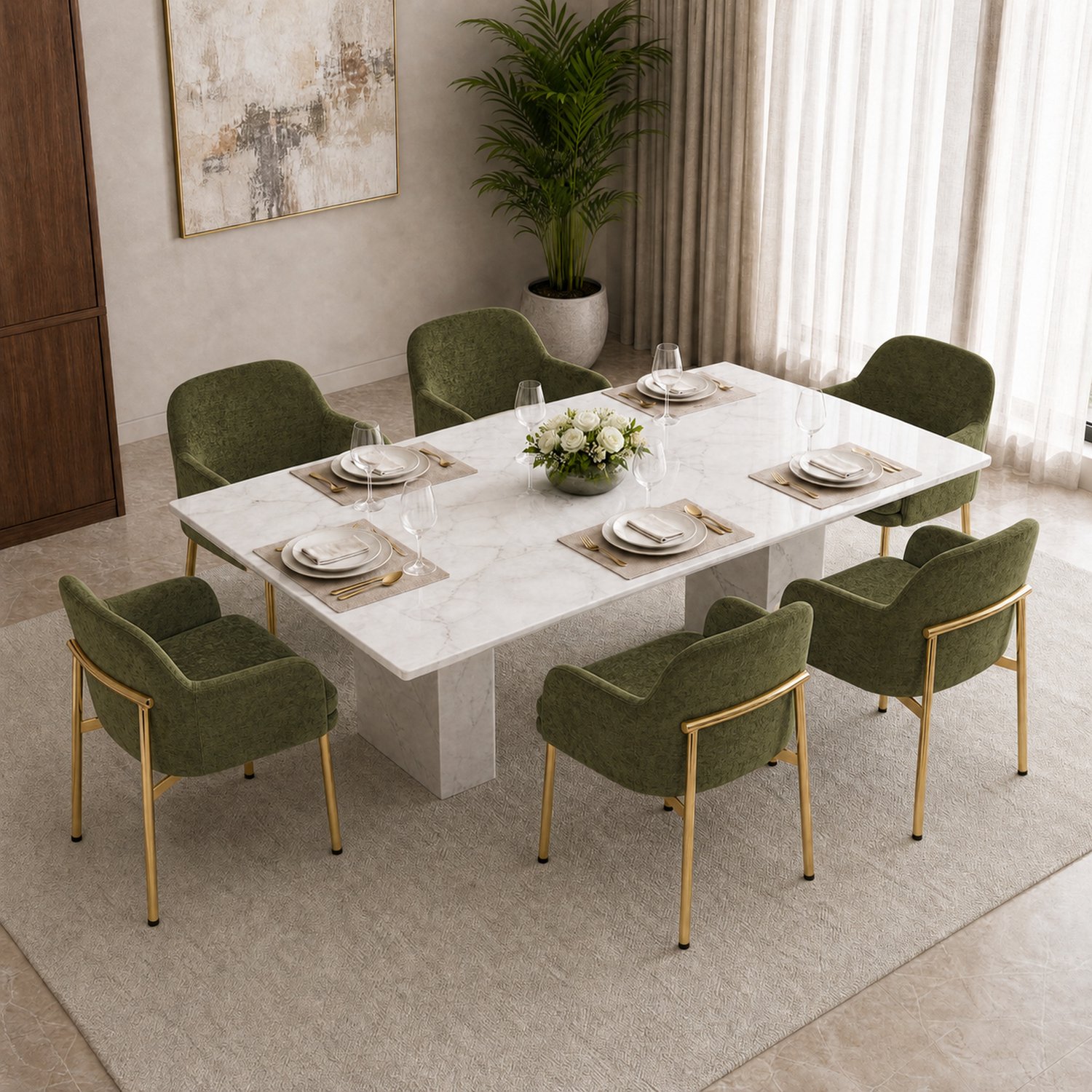 HAUSS SPOLE Eetkamerstoelen - Set van 6 - Met Armleuningen en Verstelbare Voetjes - Voor Eetkamer en Keuken - Groene Stof en Goudkleurig Metaal