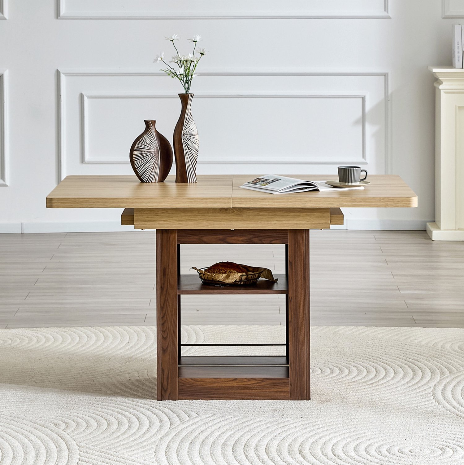 MEUNIQ Uitschuifbare eettafel 130–160 x 80 cm met 2 open opbergvakken, afgeronde hoeken en houtlook, voor de eetkamer, naturel en walnootbruin Naturel hout