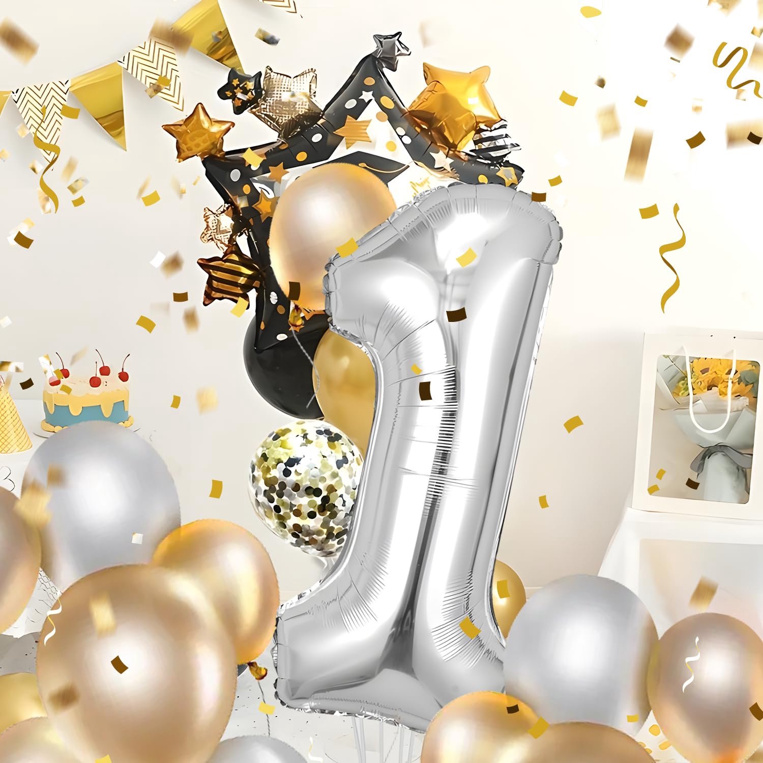 Feestballon 1 jaar, 101 cm, zilver, opblaasbaar