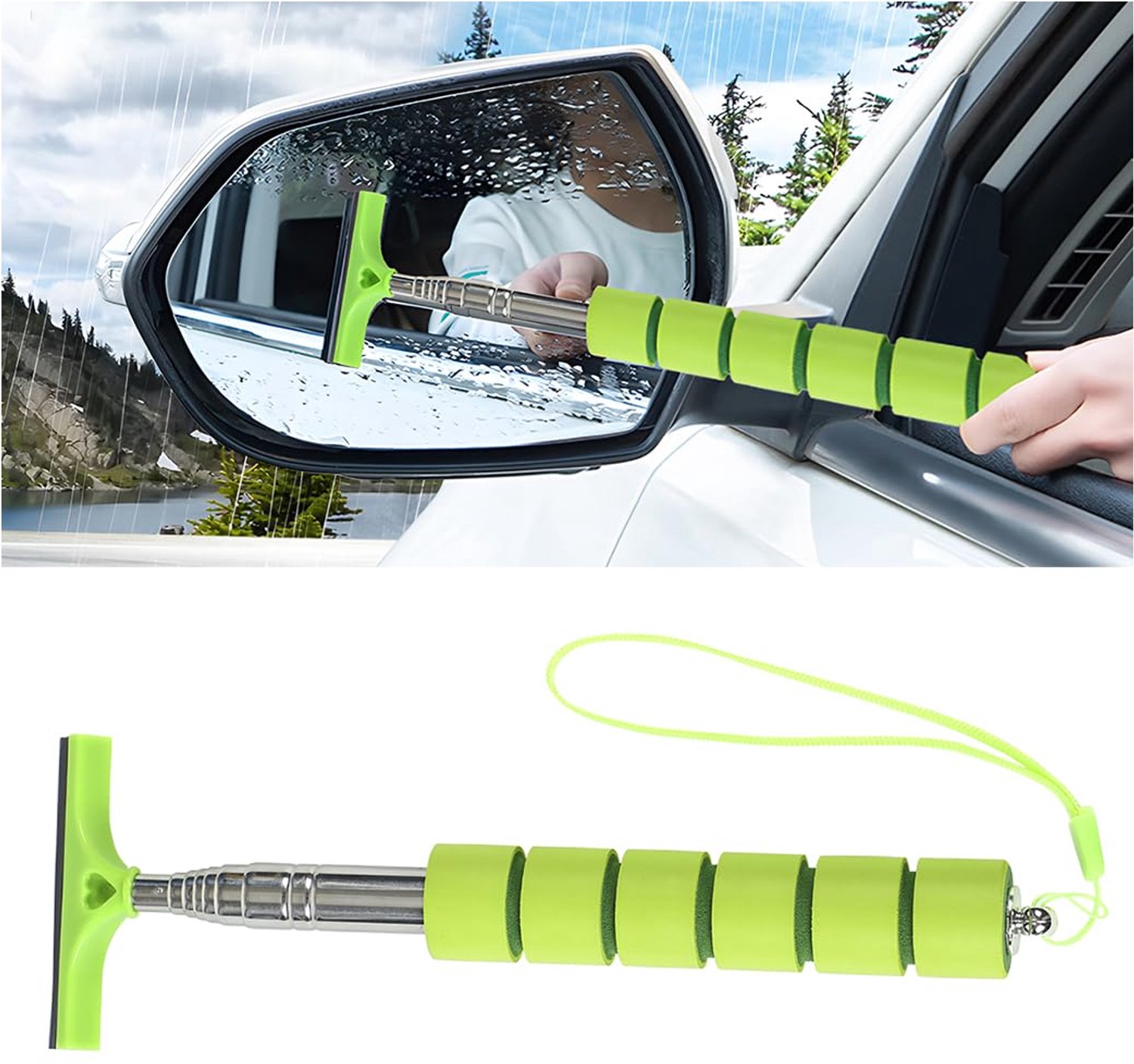 Spiegelwisser Intrekbaar - Draagbare Achteruitkijkspiegelwisser - Verstelbare Wisser - Rubber + Roestvrij Staal - 180 Graden Wiphoek - 100 cm Stretchlengte - Autospiegel