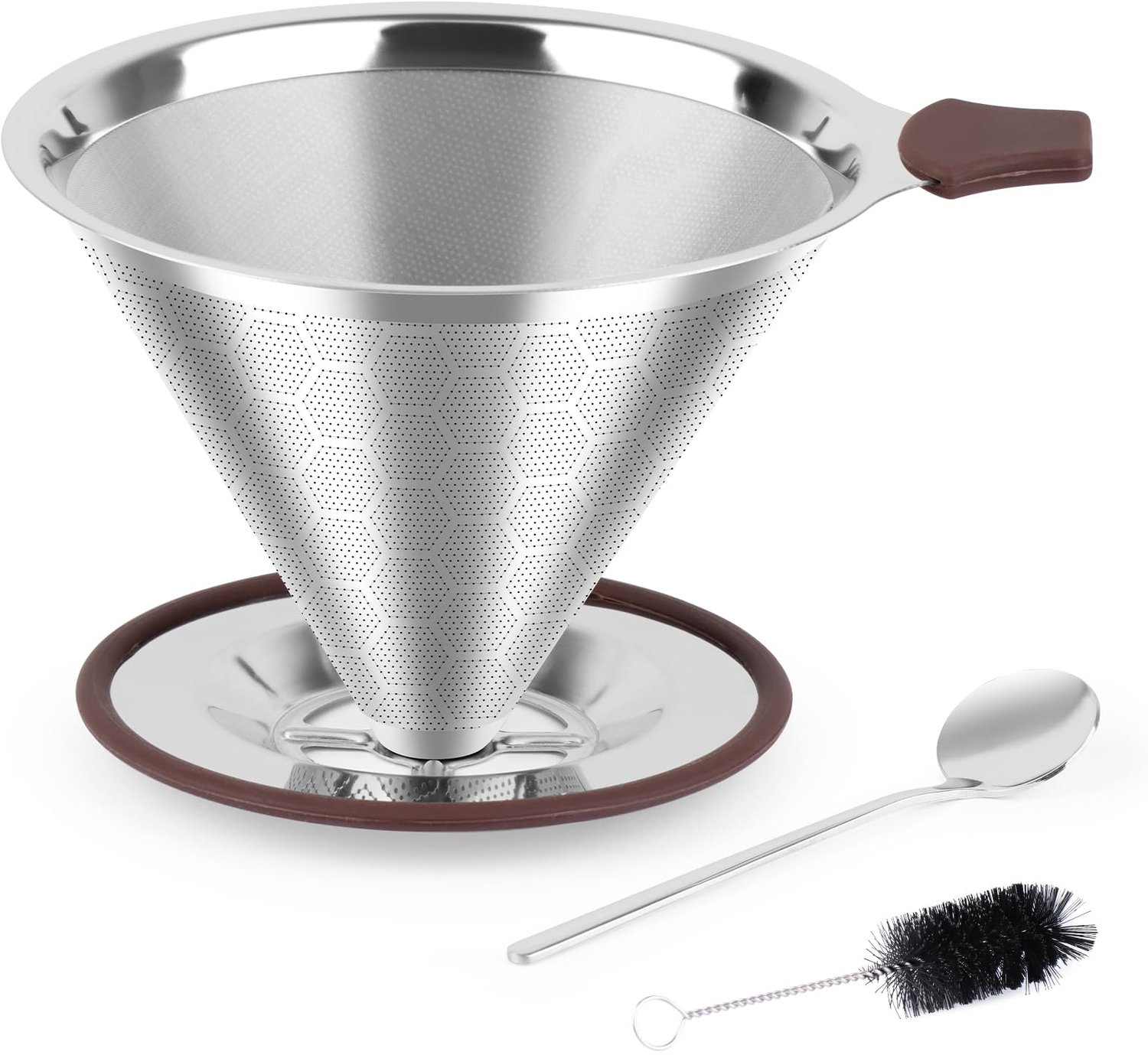 Koffiefilter herbruikbaar - Roestvrij staal 304 - Papierloos - Pour-over - Inclusief reinigingsborstels en lepel - 800 mazen per vierkante inch - Koffiezetapparaat