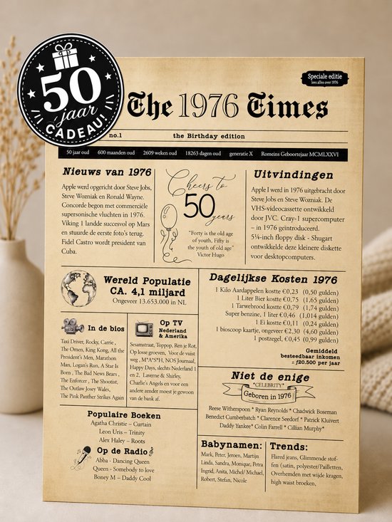 Vintage 1976 verjaardagsposter op beige achtergrond met feiten over het jaar, 30x40 cm formaat.