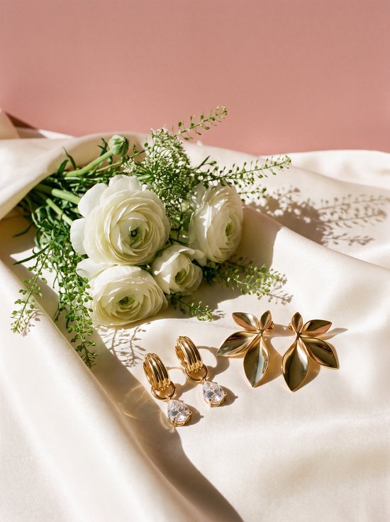 Goudkleurige Lundholm oorbellen met kristallen druppelhangers en bloemvormige oorknoppen op een witte satijnen doek.