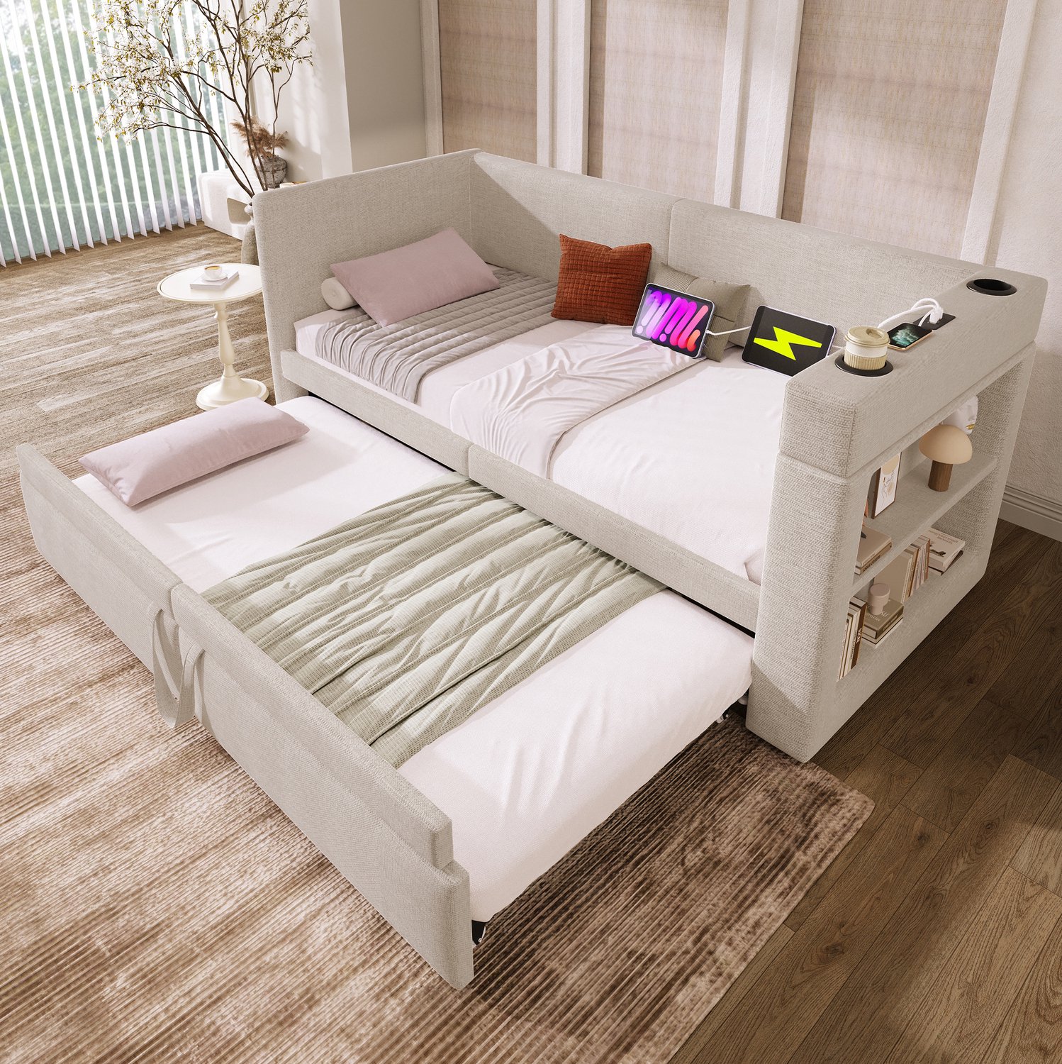 MEUNIQ Gestoffeerd dagbed met uitschuifbed 90 x 200 cm, verwisselbare armleuning, bekerhouders, USB- en USB-C-aansluitingen, open opbergvakken, beige