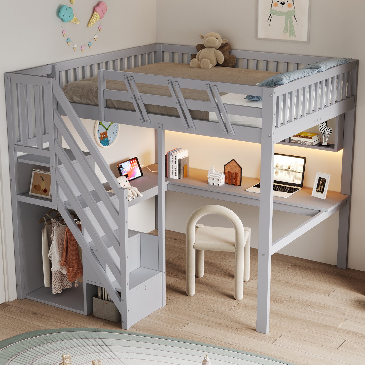 HAUSS SPOLE Hoogslaper 140x200 cm - Kinderbed met Bureau en Opbergtrap - Met Ledverlichting en Stopcontacten - Zonder Matras - Hout en MDF - Grijs