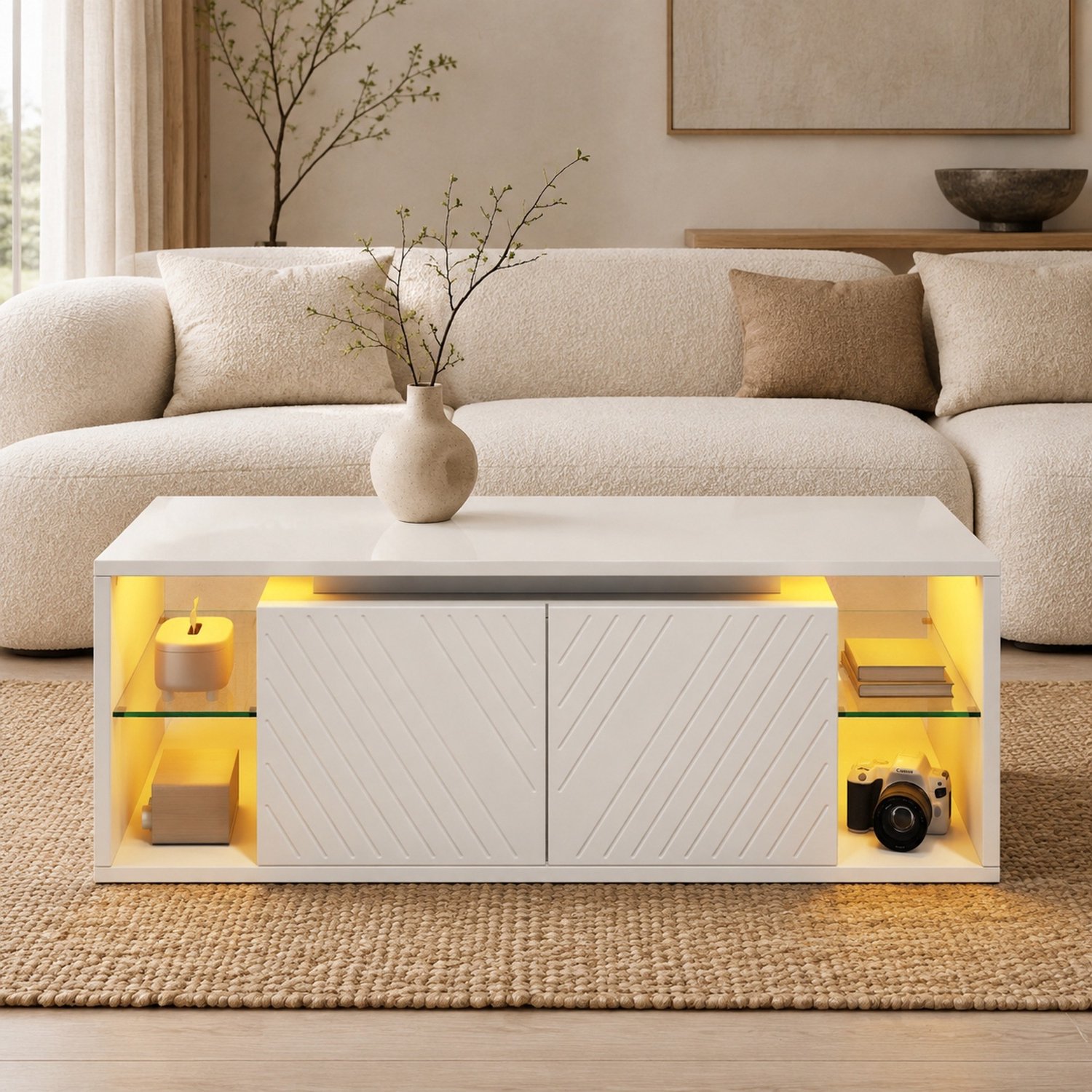 HAUSS SPOLE Salontafel - Met LED-Verlichting, Opbergruimte En 2 Deuren - Voor De Woonkamer - Spaanplaat - Wit - 100 x 50 x 41 cm