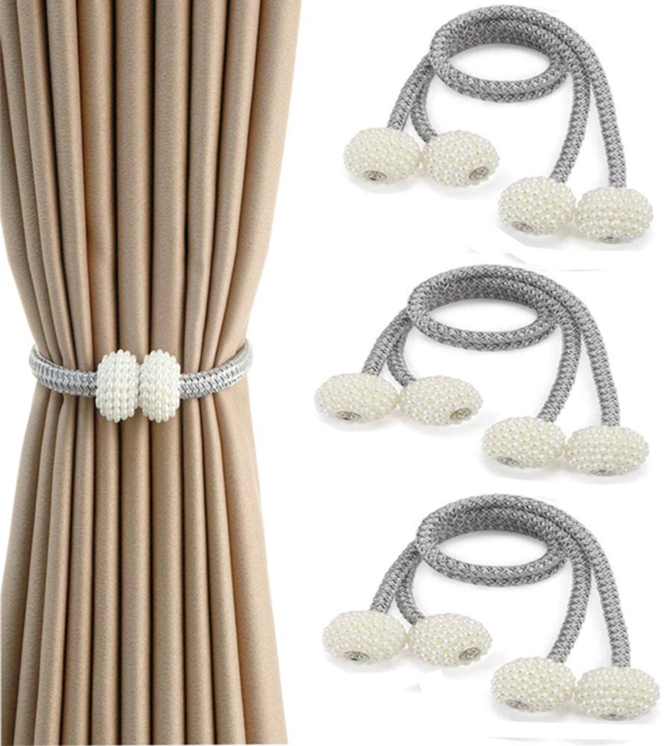Magnetische Gordijnhouders, 6-Pack met Parels, Decoratieve Klemmen