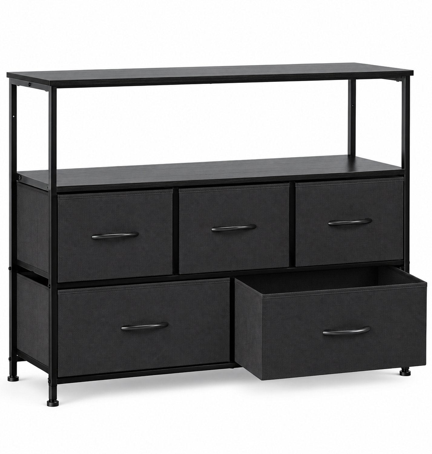 HMTM Ladekast met 5 Stoffen Laden – Brede Opbergkast voor Slaapkamer, Woonkamer en Hal – 115 x 30 x 80 cm – Zwart– Verstelbare Poten , HMTM-SC-5D-BK