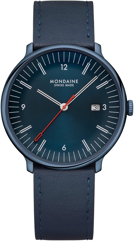 Blauw analoog horloge met blauwe wijzerplaat, datumvenster en lederen band.