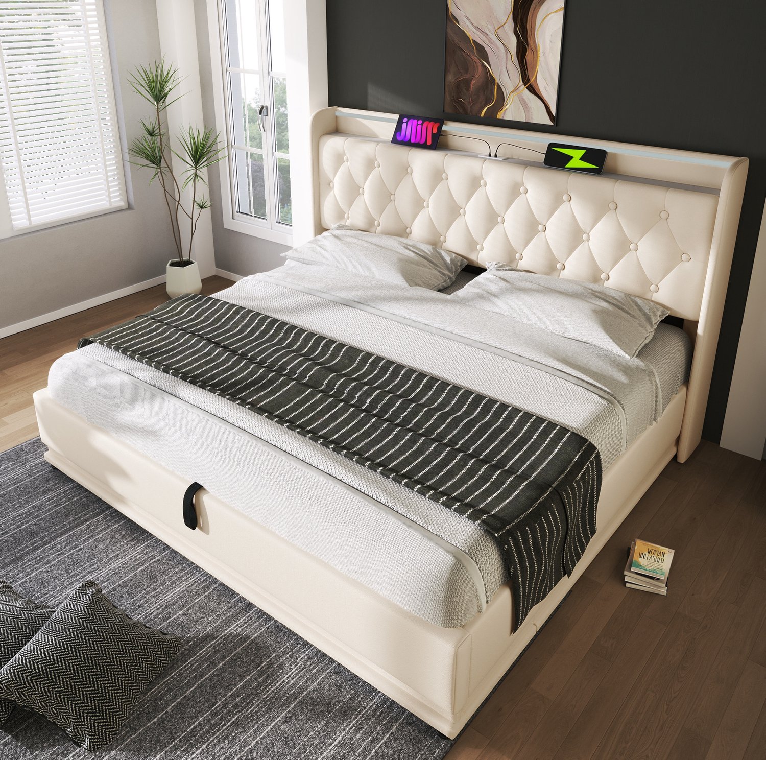 Wishdor Tweepersoonsbed 180x200 cm - Hydraulische opbergruimte - 360 graden LED-verlichting met app en afstandsbediening - Gecapitonneerd hoofdbord met USB-C - Wit kunstleer