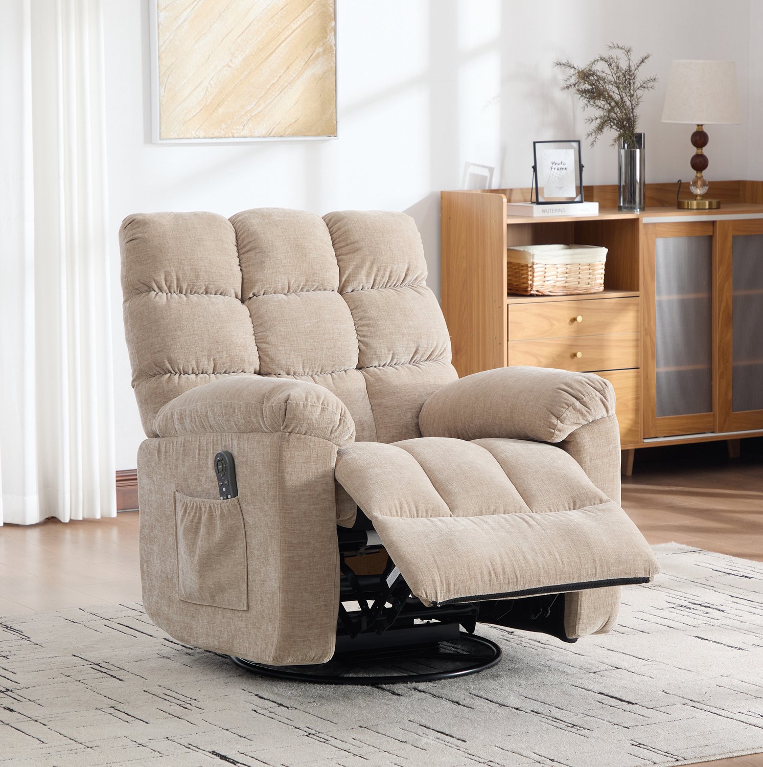 MEUNIQ 360° draaibare massagestoel met warmtefunctie en vibratiemassage, handmatig verstelbare rugleuning en voetensteun, zijvak, licht kaki