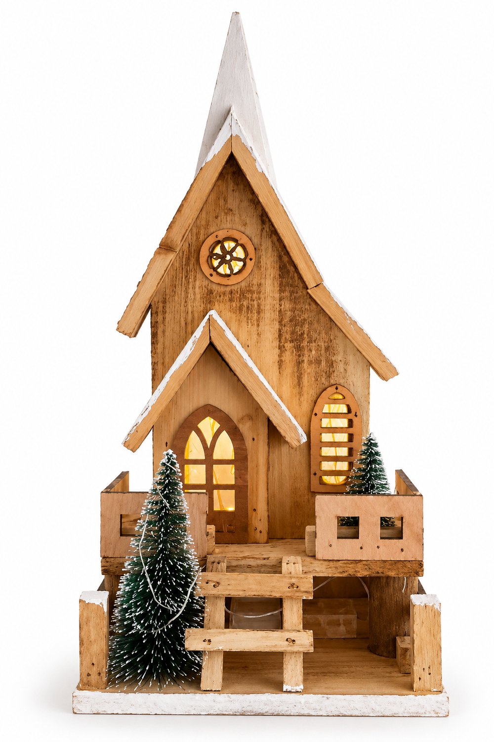 Woonyard Houten Kersthuisje met LED Verlichting, Bruin, Kerstdecoratie, 38 cm Hoog Wit, Bruin