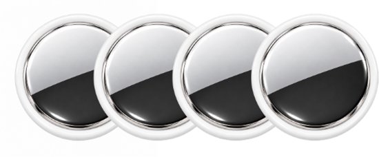 Vier ronde, witte smart trackers met een glanzende, zilverkleurige metallic bovenkant.