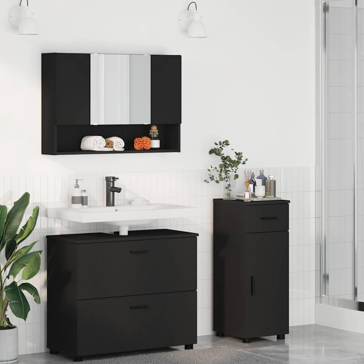 Badkamermeubelset 3 stuks zwart 76,5 x 35 x 64 cm houtmateriaal