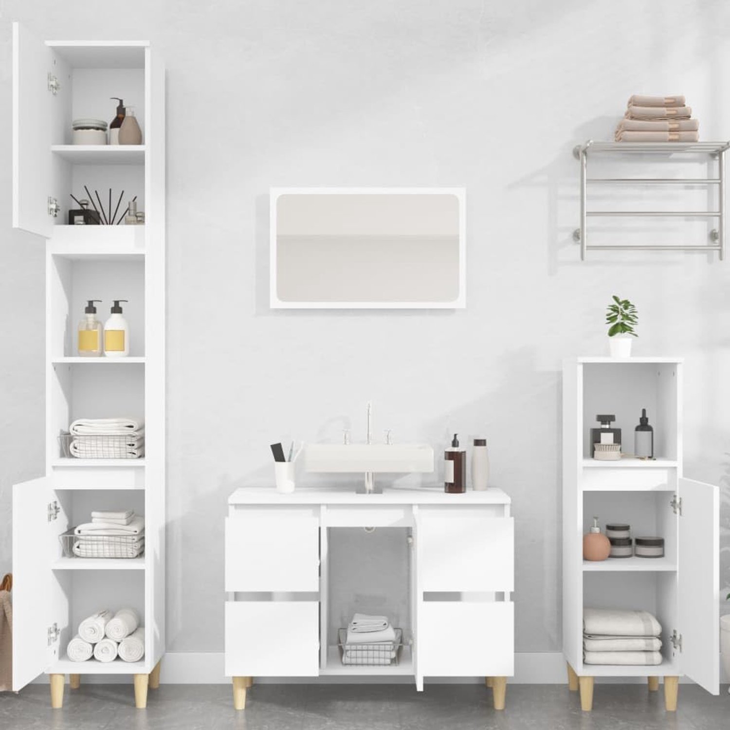 3-delige badkamermeubelset wit houtmateriaal met eucalyptus poten