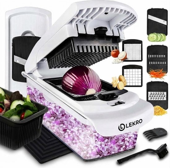 Lekro Groentesnijder met Glazen Ovenschaal - Mandoline Keukensnijder - Groentensnijder Multifunctioneel - Uiensnijder - Anti-slip mat - Glas & RSV - 12-delig