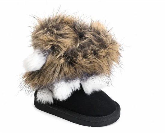 Zwarte snowboot met dikke bruine en witte imitatiebontkraag.