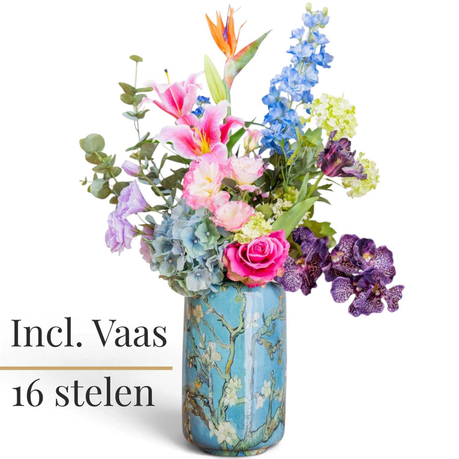 BLOOM & VESSEL Zijden Boeket met Van Gogh Vaas – 95 cm – Boeket Opal – 16 Stelen – Kunstbloemen – Nepbloemen