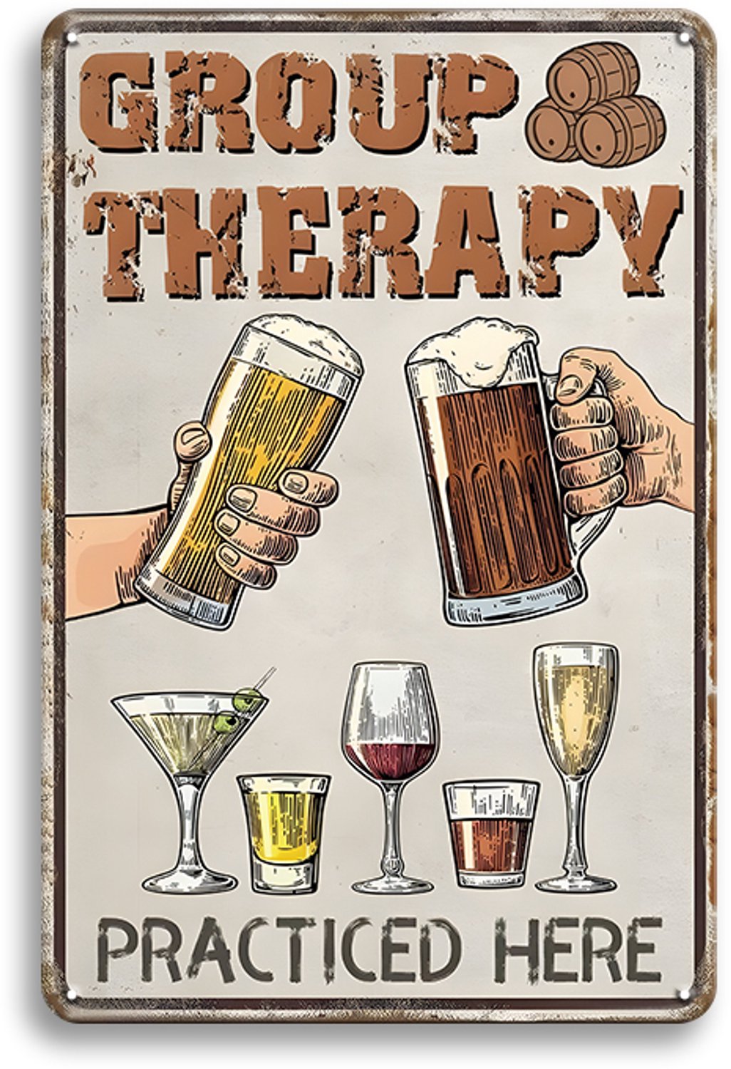 Group Therapy – Metalen Wandbord 30x20cm – Drank Tekstbord – Bar Wanddecoratie – Vintage Retro Thuisbar Mancave Decoratie