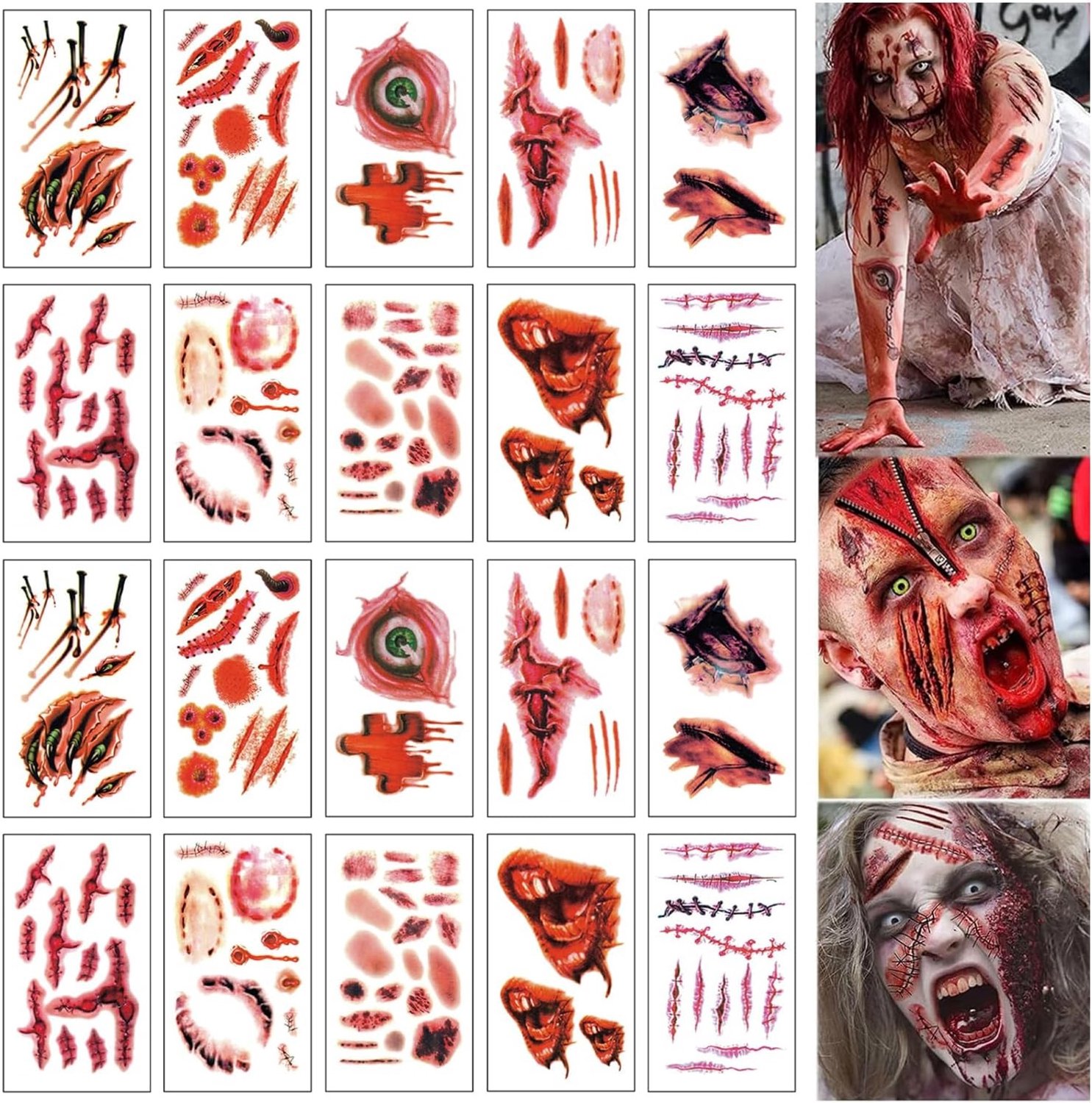 20 Bladen Halloween Tattoos, Realistische Wonden en Littekens voor Kinderen en Volwassenen, Creepy Make-up Accessoires voor Feestjes en Carnavals