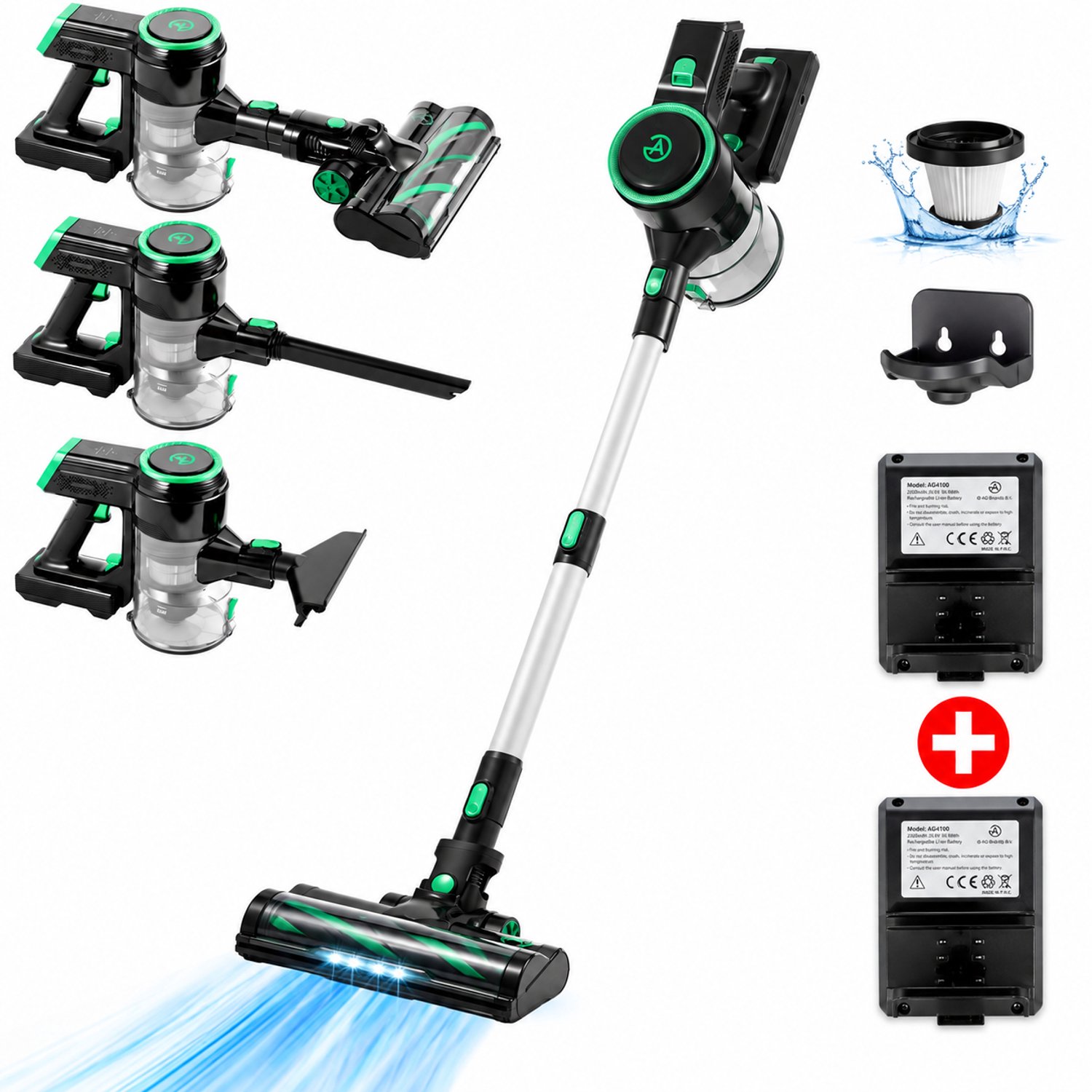 AG4100 Green Steelstofzuiger Draadloos – Stofzuiger Zonder Zak – Draadloze Stofzuiger – Extra Batterij – Tot 90 Min Stofzuigen – Kruimeldief – Dierenharen – LED Zuigmond
