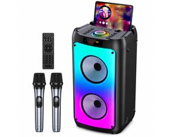ShaSha Partybox Bluetooth Speaker met 2 Draadloze Microfoons - Karaoke Set voor Volwassenen - Muziek Box met LED Verlichting - Zwart
