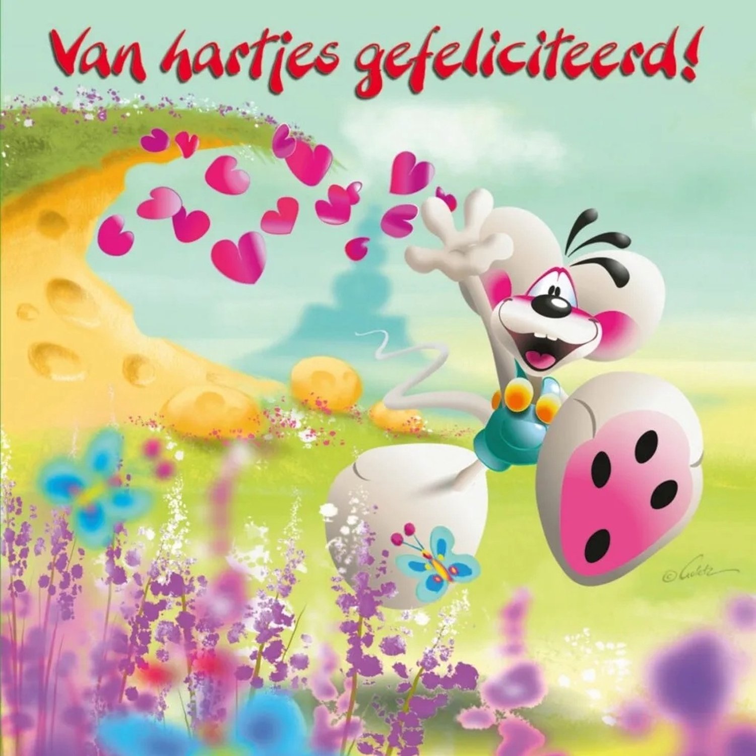 Diddl wenskaart - 3d- hologram - Van hartjes gefeliciteerd!